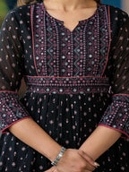Juniper Women's Black Ethnic Motif Printed Georgette A Lined Tunic