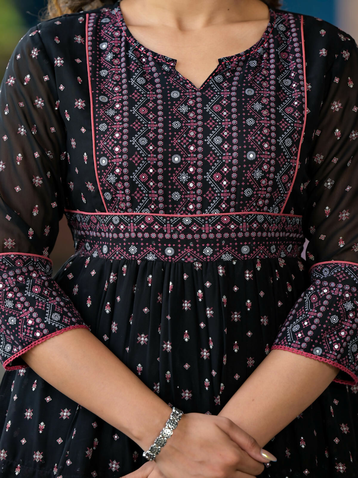 Juniper Women's Black Ethnic Motif Printed Georgette A Lined Tunic