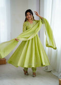 Teeya Creation Pista Green Color Heavy Crunchy Silk Embroidery Work Gown - Distacart