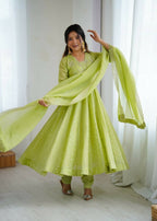 Teeya Creation Pista Green Color Heavy Crunchy Silk Embroidery Work Gown - Distacart