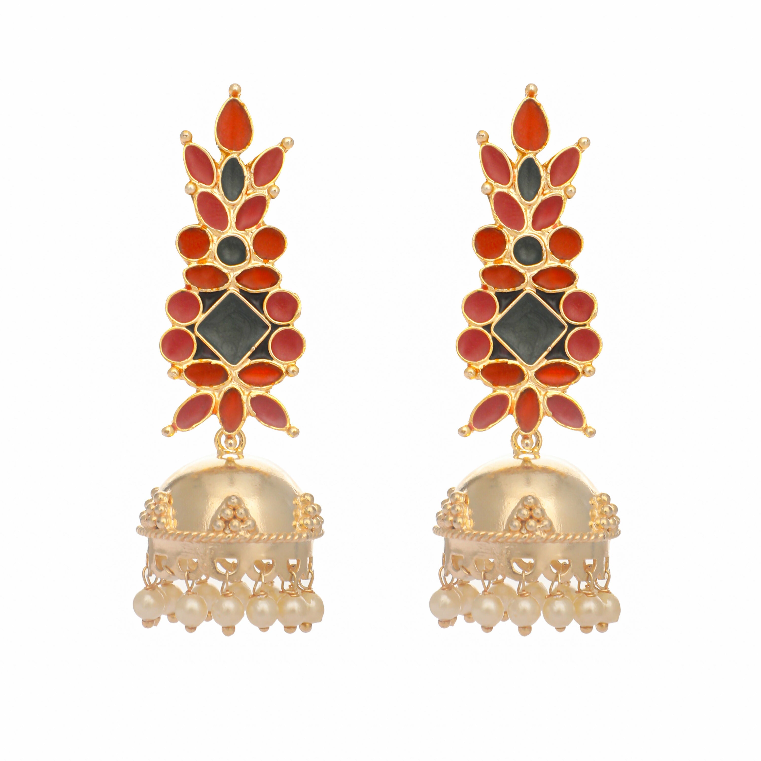 Nuyug 22K Gold-Plated Enamel & Beaded Dome Shaped Jhumka Earrings - Distacart