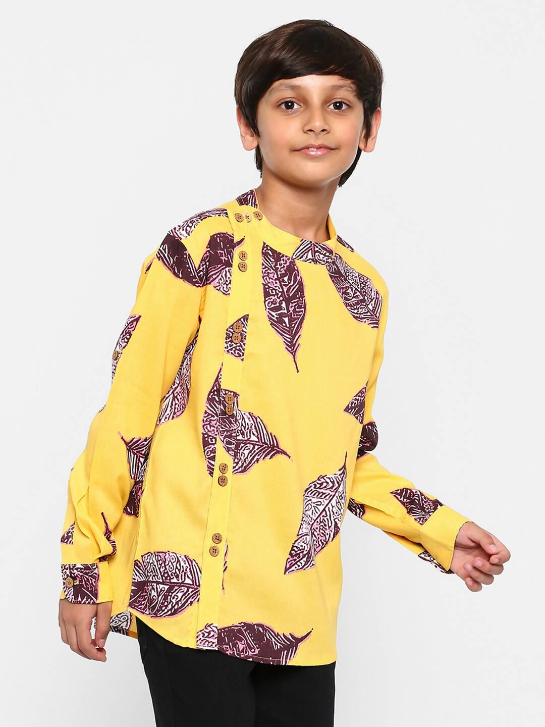 Manet Ethnic Full Sleeves Big Leaf Printed Shirt - Yellow
