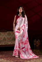 Vastranavya Baby Pink Satin Silk Floral Printed with Pearl Lace Saree with Unstitched Blouse - Distacart