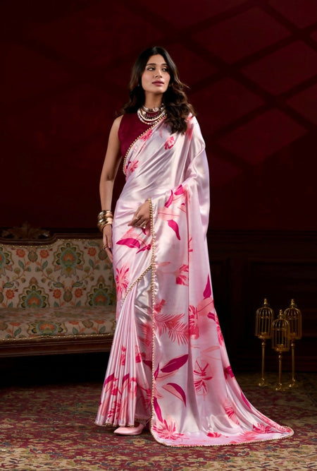 Vastranavya Baby Pink Satin Silk Floral Printed with Pearl Lace Saree with Unstitched Blouse