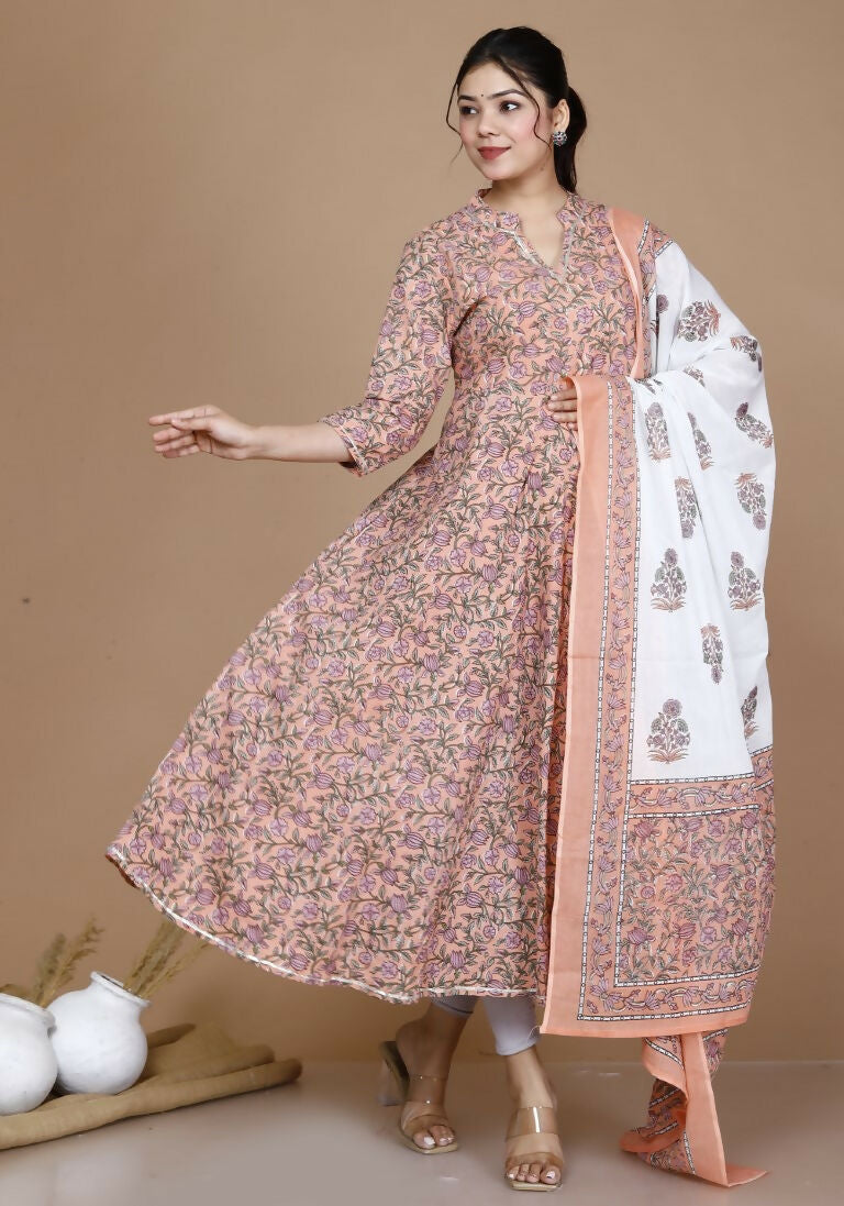 Miravan Women's Surpassing Orange Partywear Floral Printed Anarkali Kurta Dupatta 