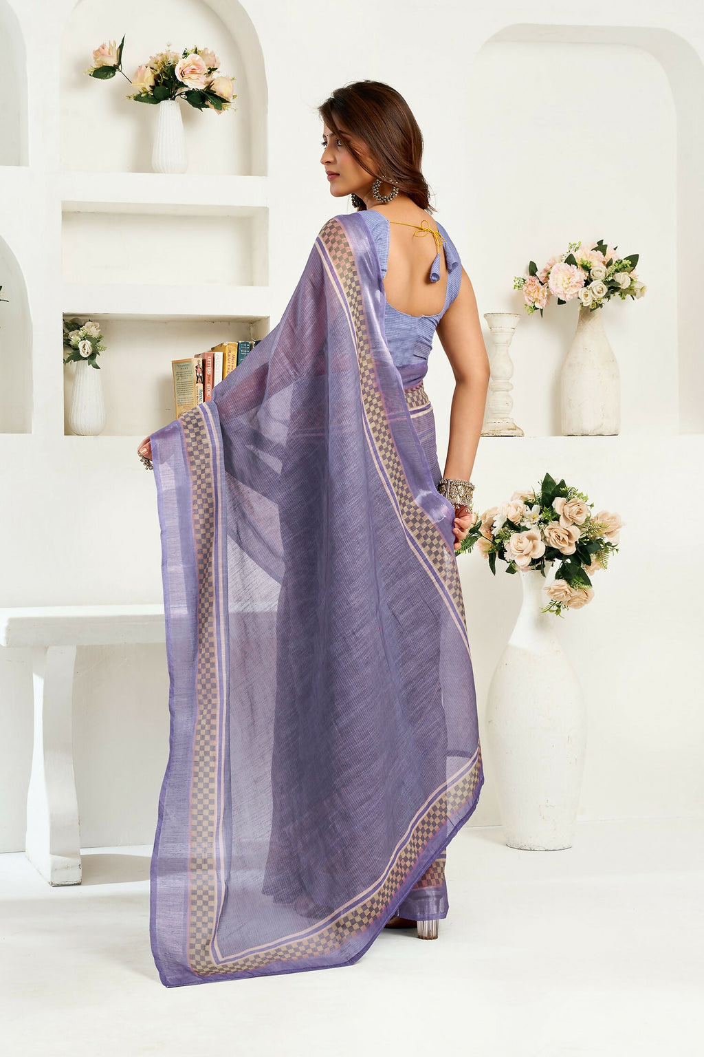 Joban Fashion Lavender Striped Linen Ready To Wear Saree With Unstitched Blouse - Distacart