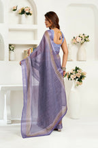 Joban Fashion Lavender Striped Linen Ready To Wear Saree With Unstitched Blouse - Distacart
