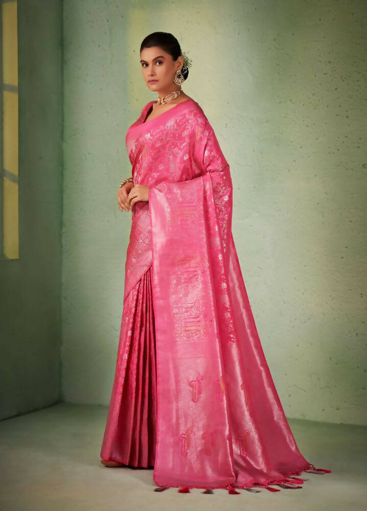 Glorious Designer Pink Color Kanjivaram Silk Saree With Weaving Work - Yomika Fashions