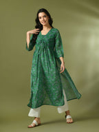 Myshka Women's Green Printed Georgette A-Line Nyra-cut Kurta