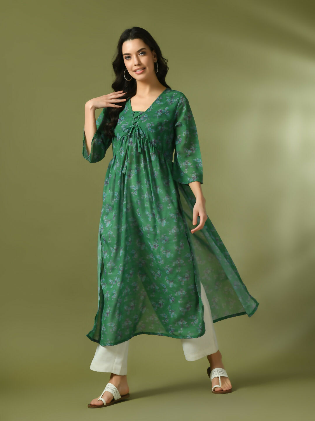Myshka Women's Green Printed Georgette A-Line Nyra-cut Kurta