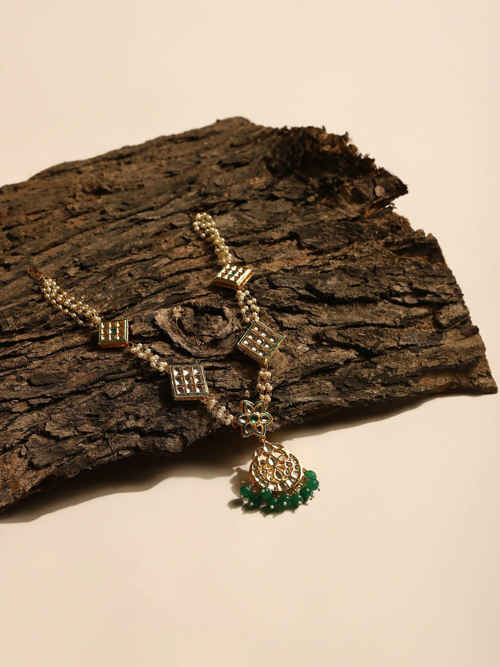 Gold-Plated White Green Kundan-Studded Pearl Beaded Matha Patti - Ruby Raang - Distacart