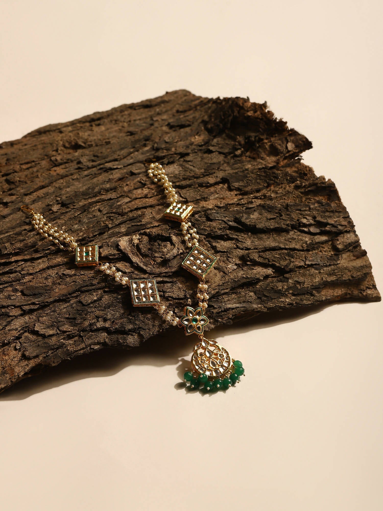 Gold-Plated White Green Kundan-Studded Pearl Beaded Matha Patti - Ruby Raang - Distacart