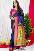 Jyoti Fashion Women's Navy Blue Paithani Silk Zari Woven Saree with Blouse