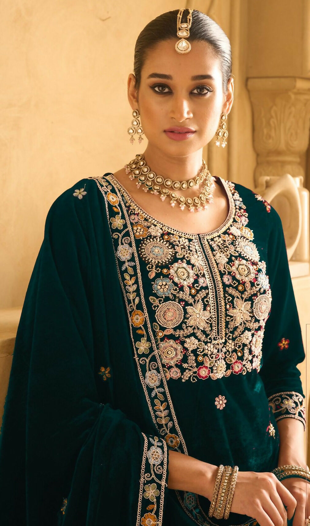 Anaita Dark Green Embroidered Work Velvet Stitched Plazo Suit - Distacart