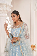 Aastha Fashion Light Sky Butterfly Net White Cotton Thread Work, Zari Work And Sandwich Sequence Work Embroidery Wedding Wear Lehenga Choli