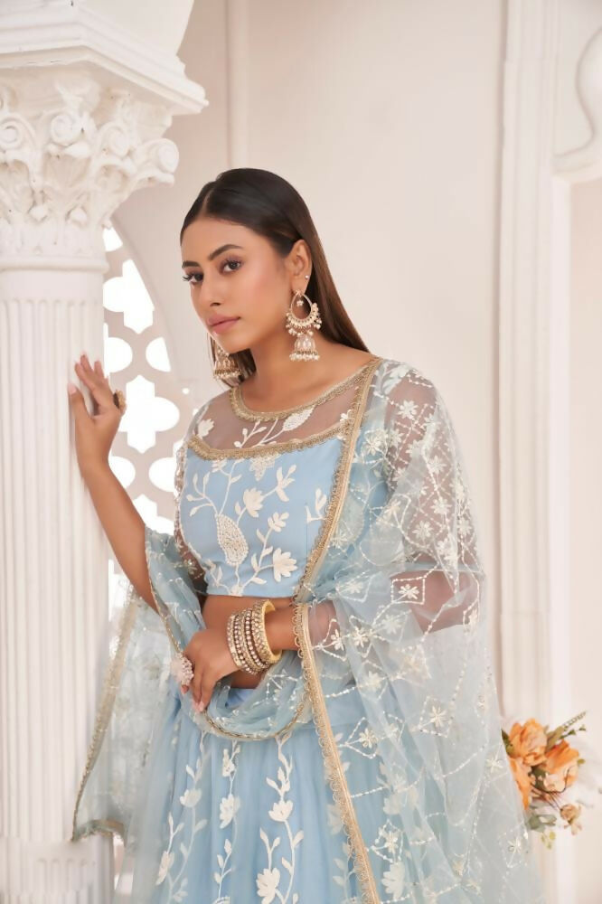 Aastha Fashion Light Sky Butterfly Net White Cotton Thread Work, Zari Work And Sandwich Sequence Work Embroidery Wedding Wear Lehenga Choli