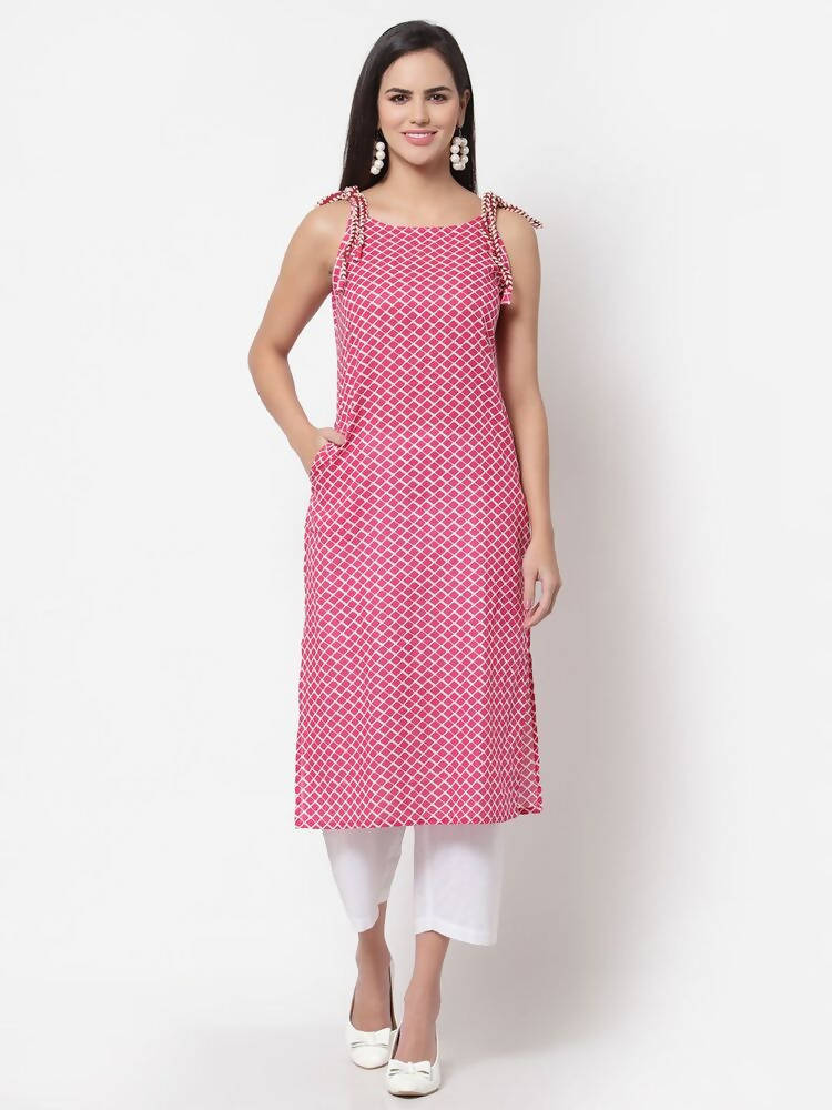 Myshka Women's Pink Printed Sleeveless Cotton Round Neck Dress