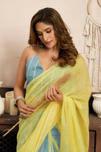 Joban Fashion Bright Yellow Striped & Geomatric Linen Ready To Wear Saree With Unstitched Blouse - Distacart