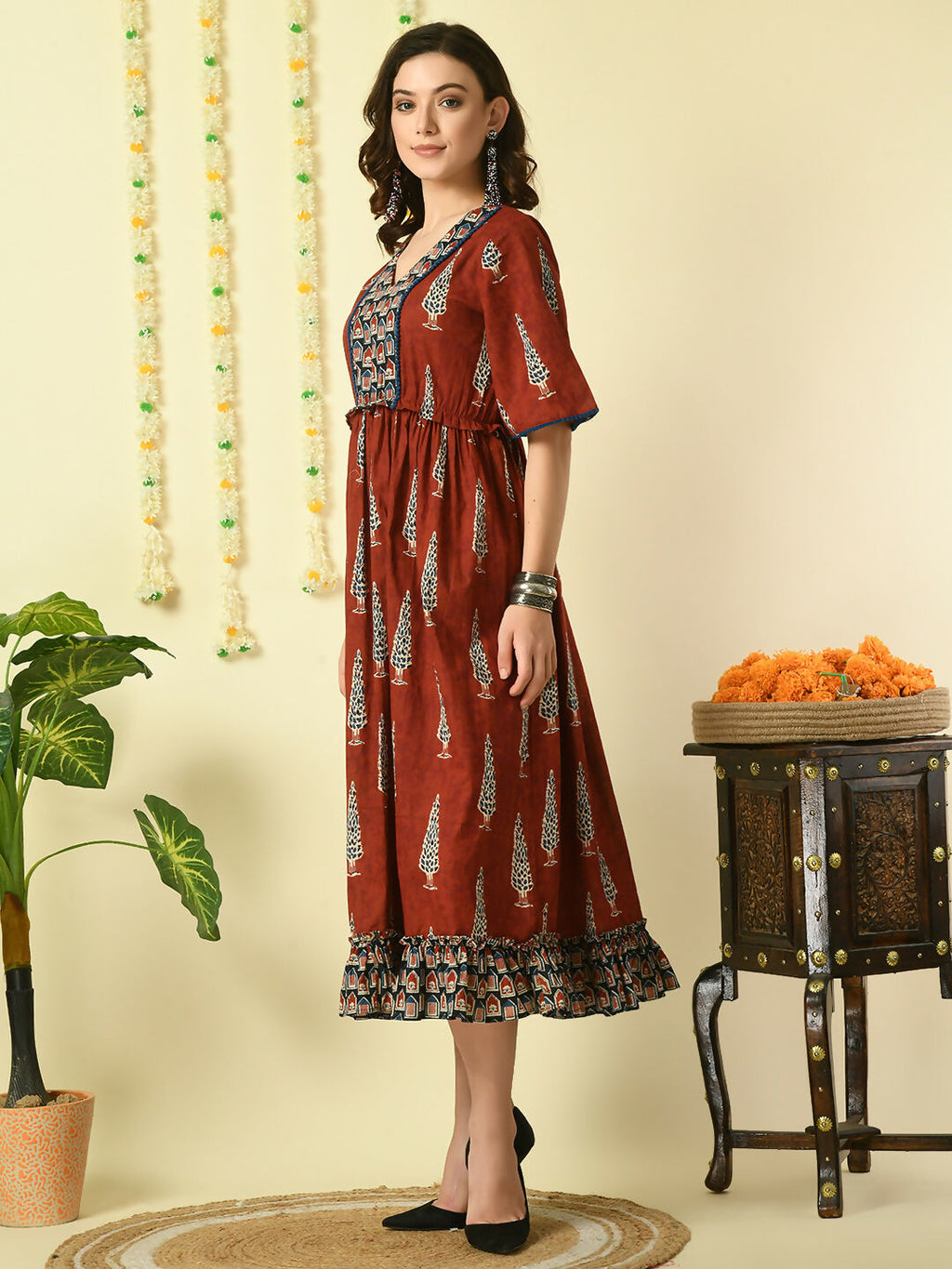Myshka Women's Rust Printed Cotton Party Dress - Distacart