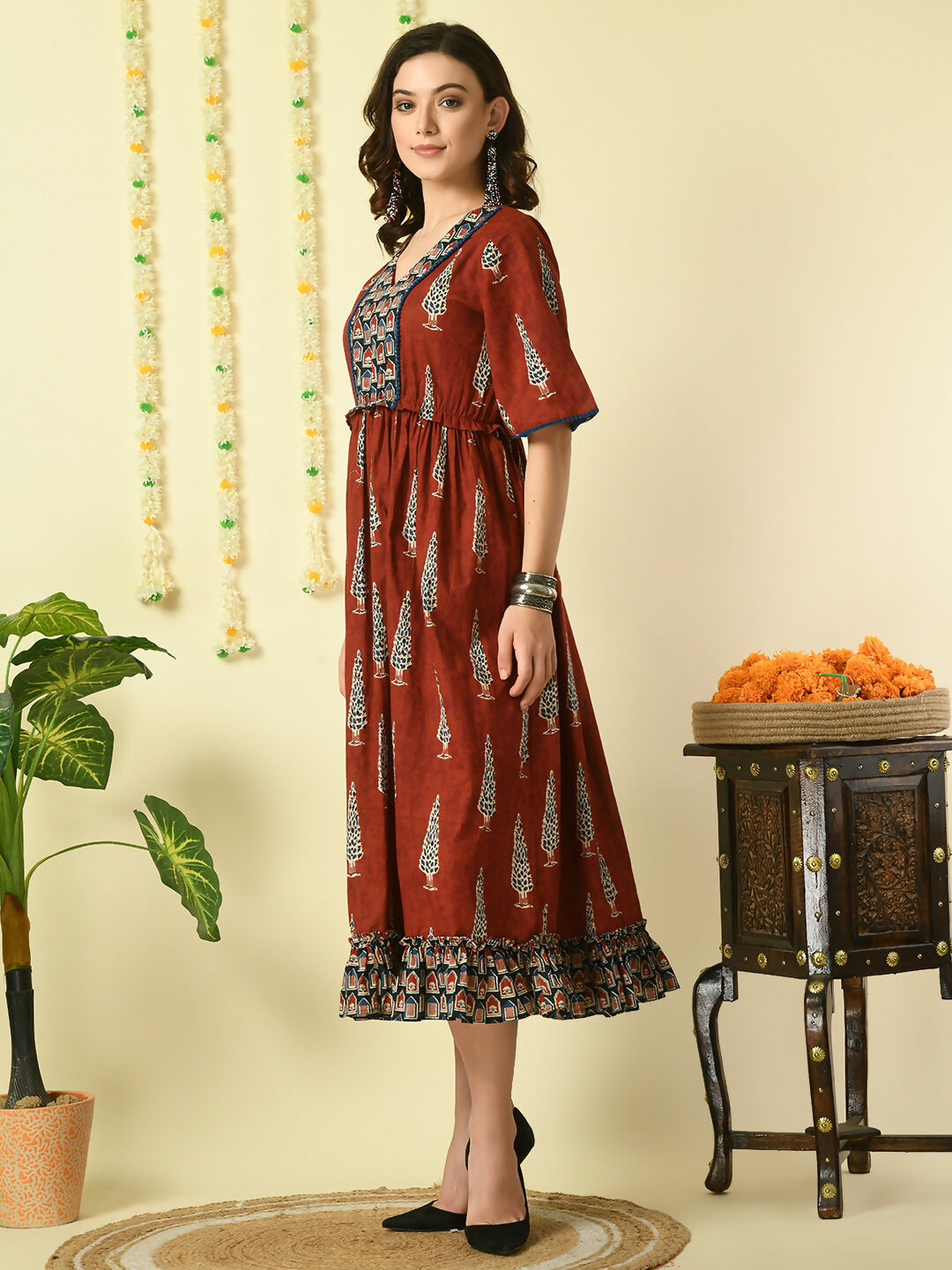 Myshka Women's Rust Printed Cotton Party Dress - Distacart
