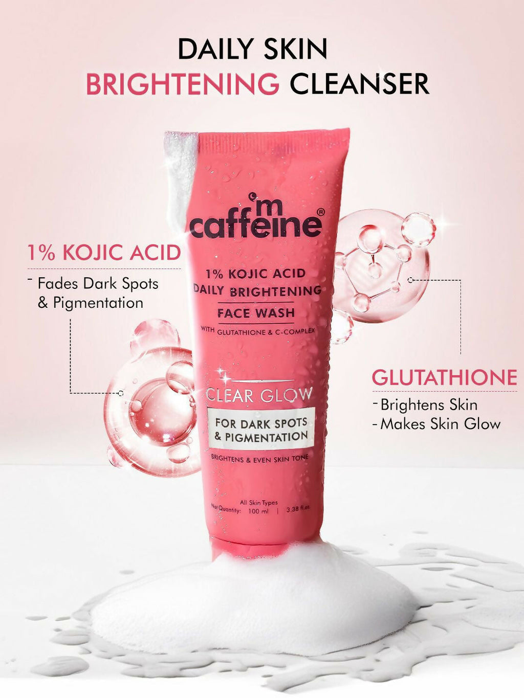 mCaffeine Clear Glow 1% Kojic Acid Daily Brightening Face Wash For Dark Spots & Pigmentation