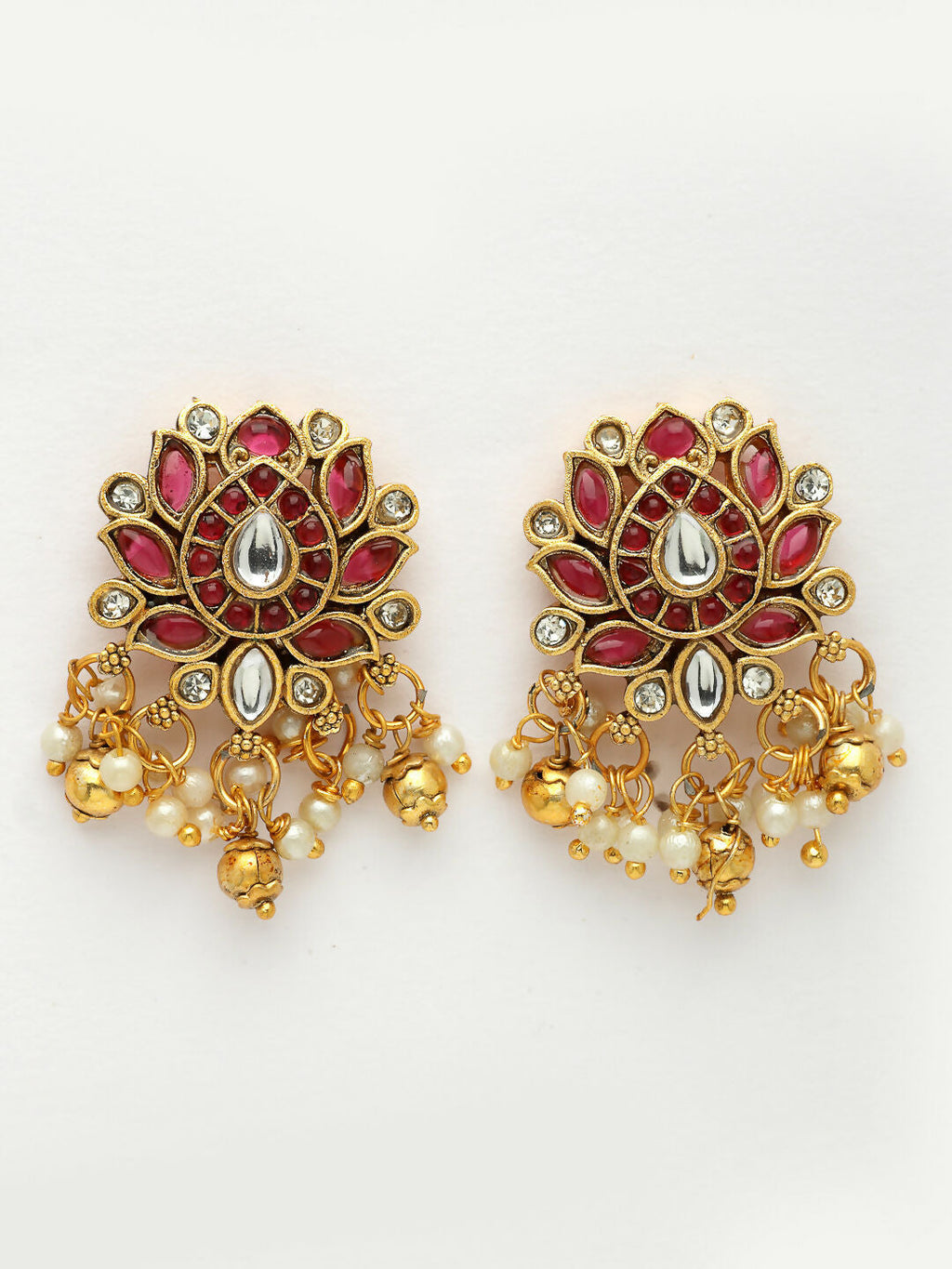 NVR Women's Gold-Polished Red Kundan- Studded & Beaded Handcrafted Temple Jewellery Set