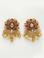 NVR Women's Gold-Polished Red Kundan- Studded & Beaded Handcrafted Temple Jewellery Set