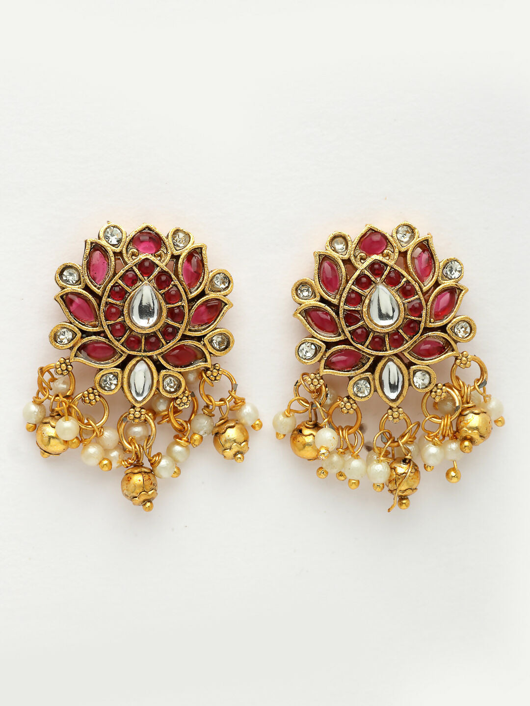 NVR Women's Gold-Polished Red Kundan- Studded & Beaded Handcrafted Temple Jewellery Set