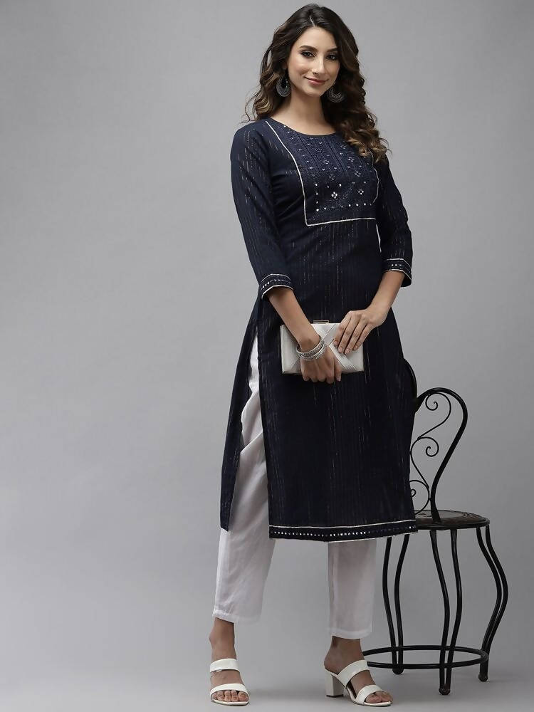 Yufta Women Navy Blue Yoke Design Mirror Work Cotton Kurta