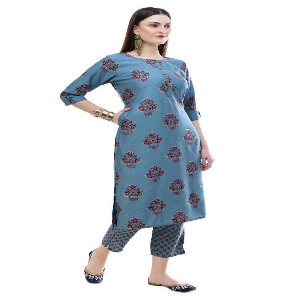 Lagi Women's Turquoise Blue Printed Straight Kurta & Pant (MC39A)