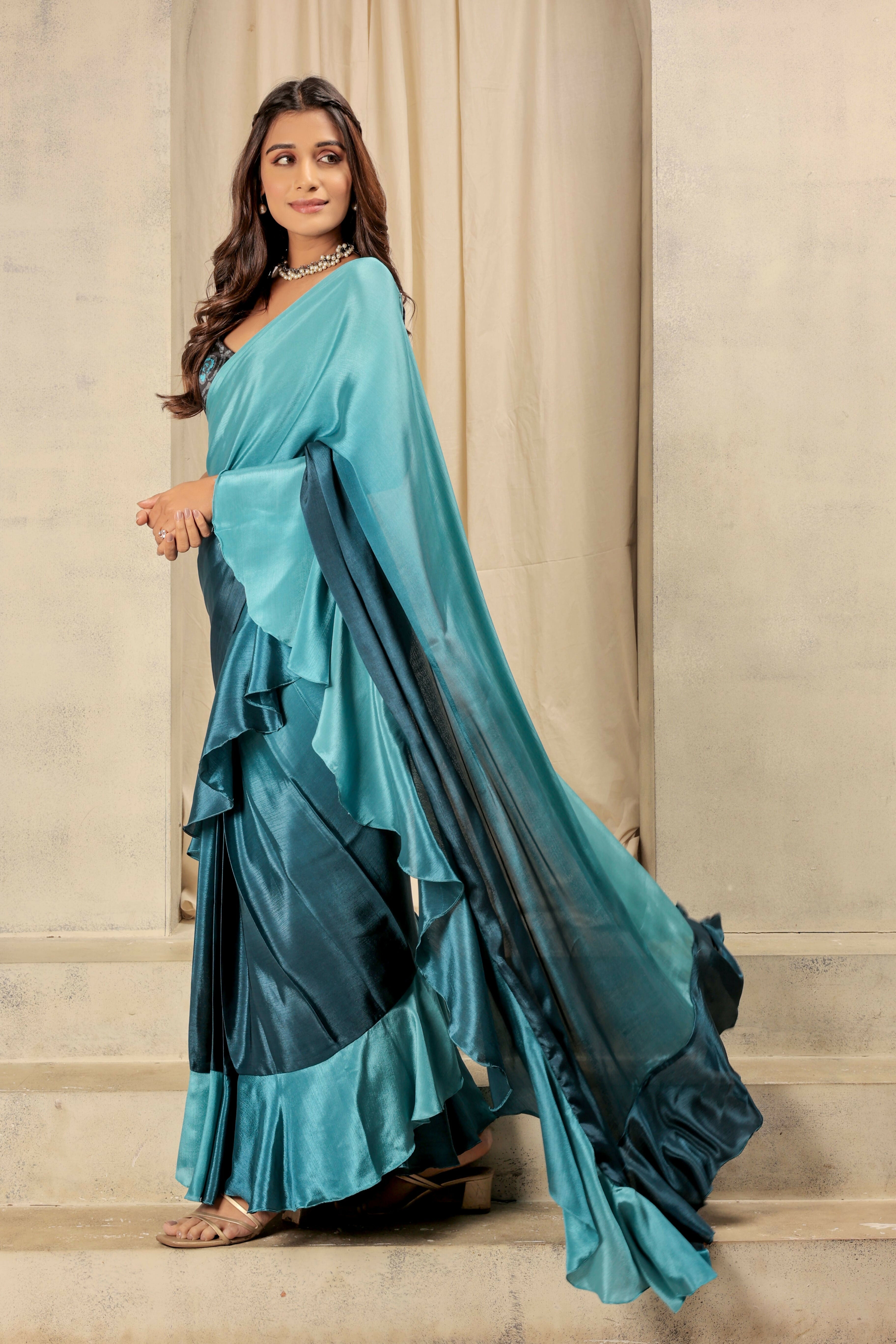 Blue Satin Solid Designer, Printed Party Wear Ready To Wear Saree - Nasreen