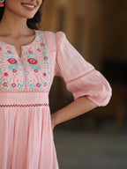 Juniper Women's Pink Cotton Dobby Embroidered Flared Dress - Distacart