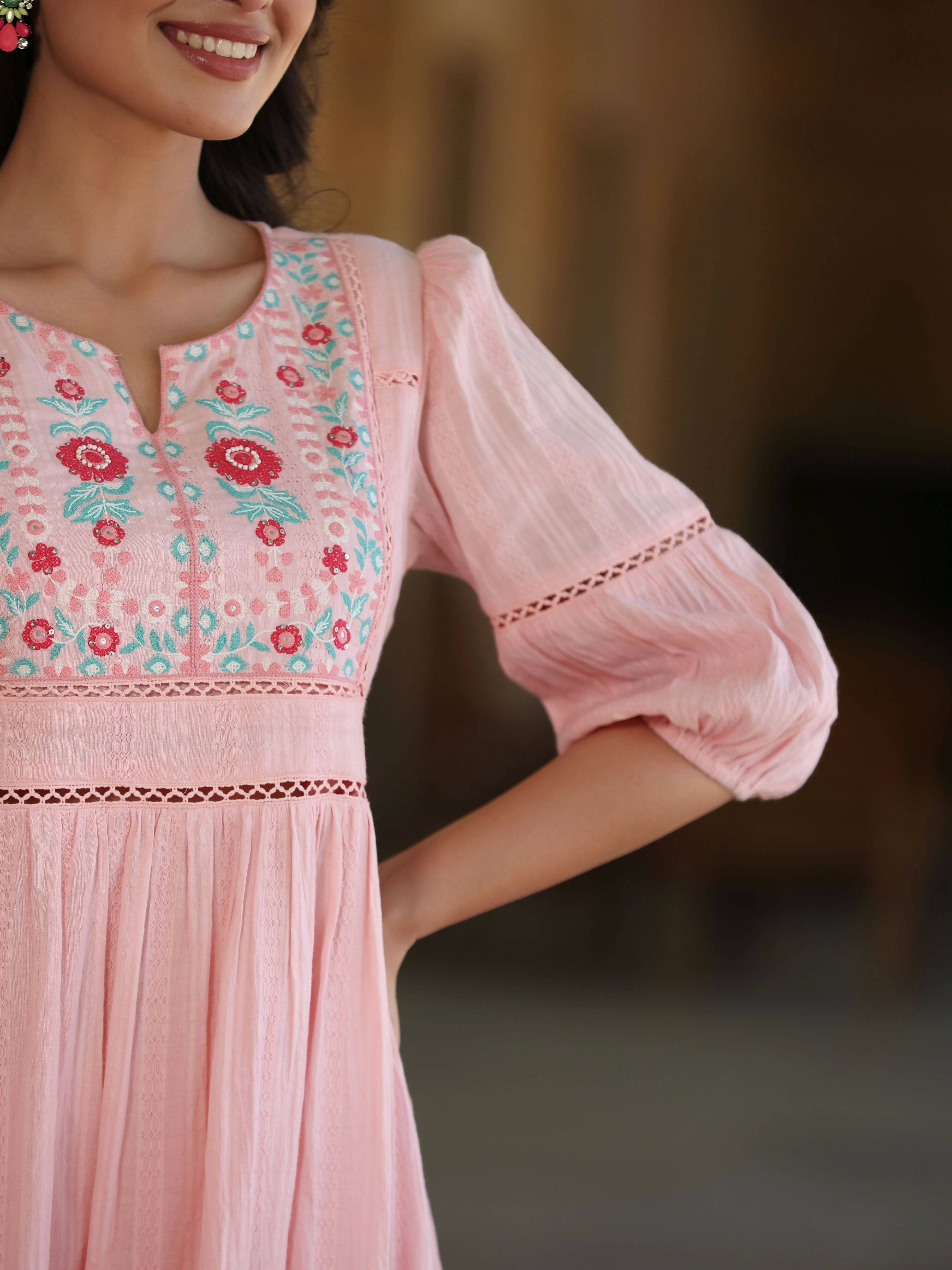 Juniper Women's Pink Cotton Dobby Embroidered Flared Dress - Distacart