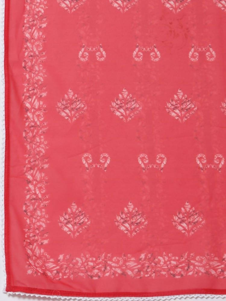 Myshka Red Color Cotton Printed Kurta With Pant Dupatta Set