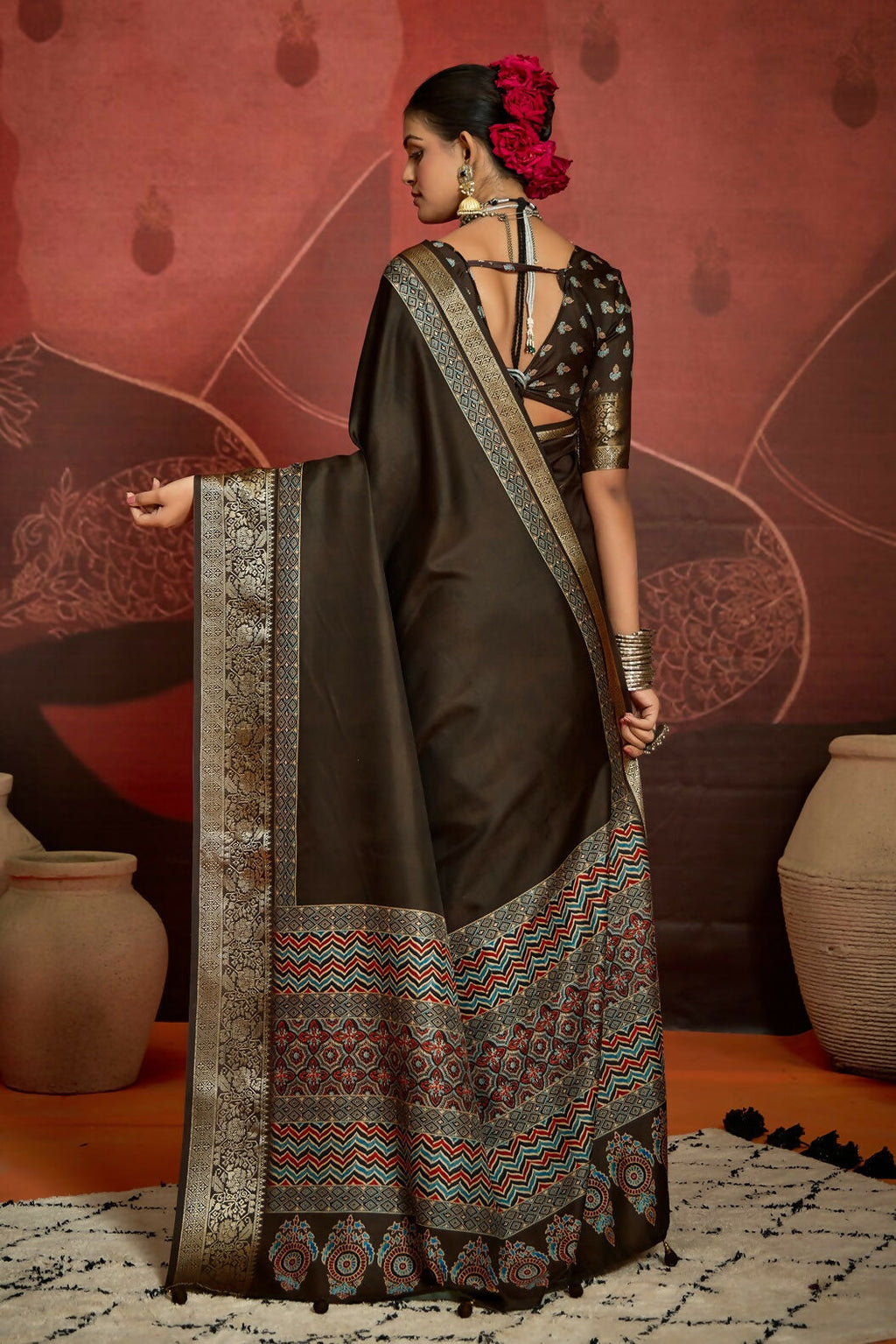 Joban Fashion Brown Art Silk With Fine Viscose Border Ajrak Full Body Print With Soft Finish Saree - Distacart