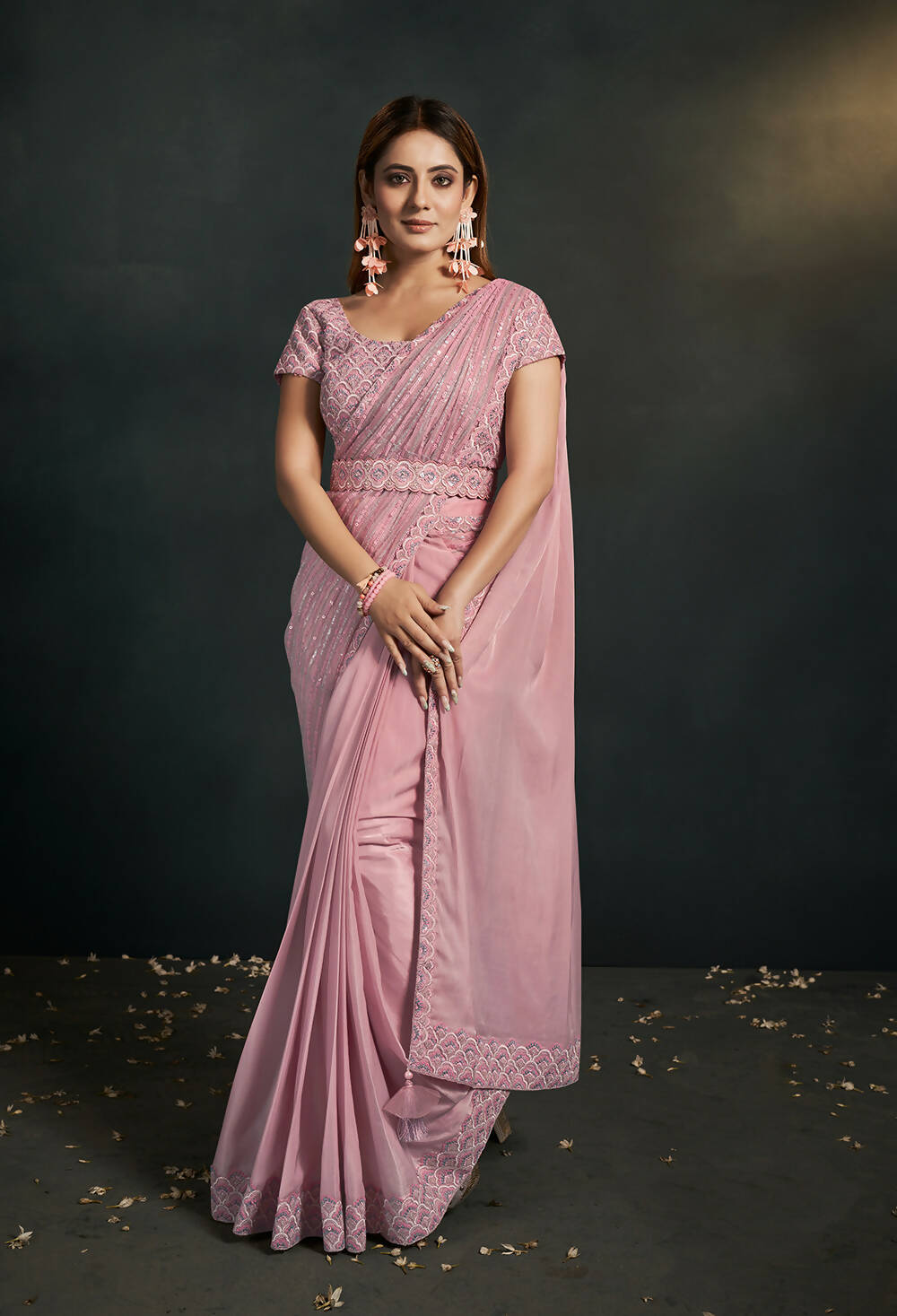 Light Pink Silk Crepe Satin Cord Sequence & Thread Embroidered & Stone Work Saree - Moh-Manthan Royal Enigma