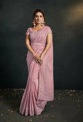 Light Pink Silk Crepe Satin Cord Sequence & Thread Embroidered & Stone Work Saree - Moh-Manthan Royal Enigma