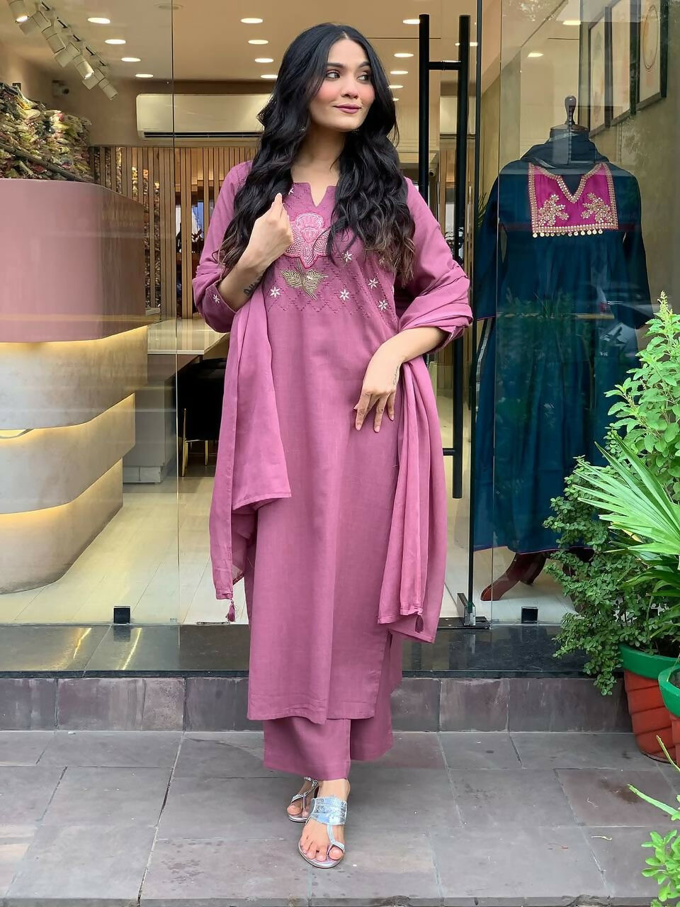 The52 Peach Women's Gorgeous Embroidered Cotton Fabric Straight Kurta Pant with Dupatta Set - Distacart