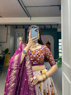 Vastranavya Floral And Patola Print With Foil Work Lehenga with Unstitched Blouse - Wine