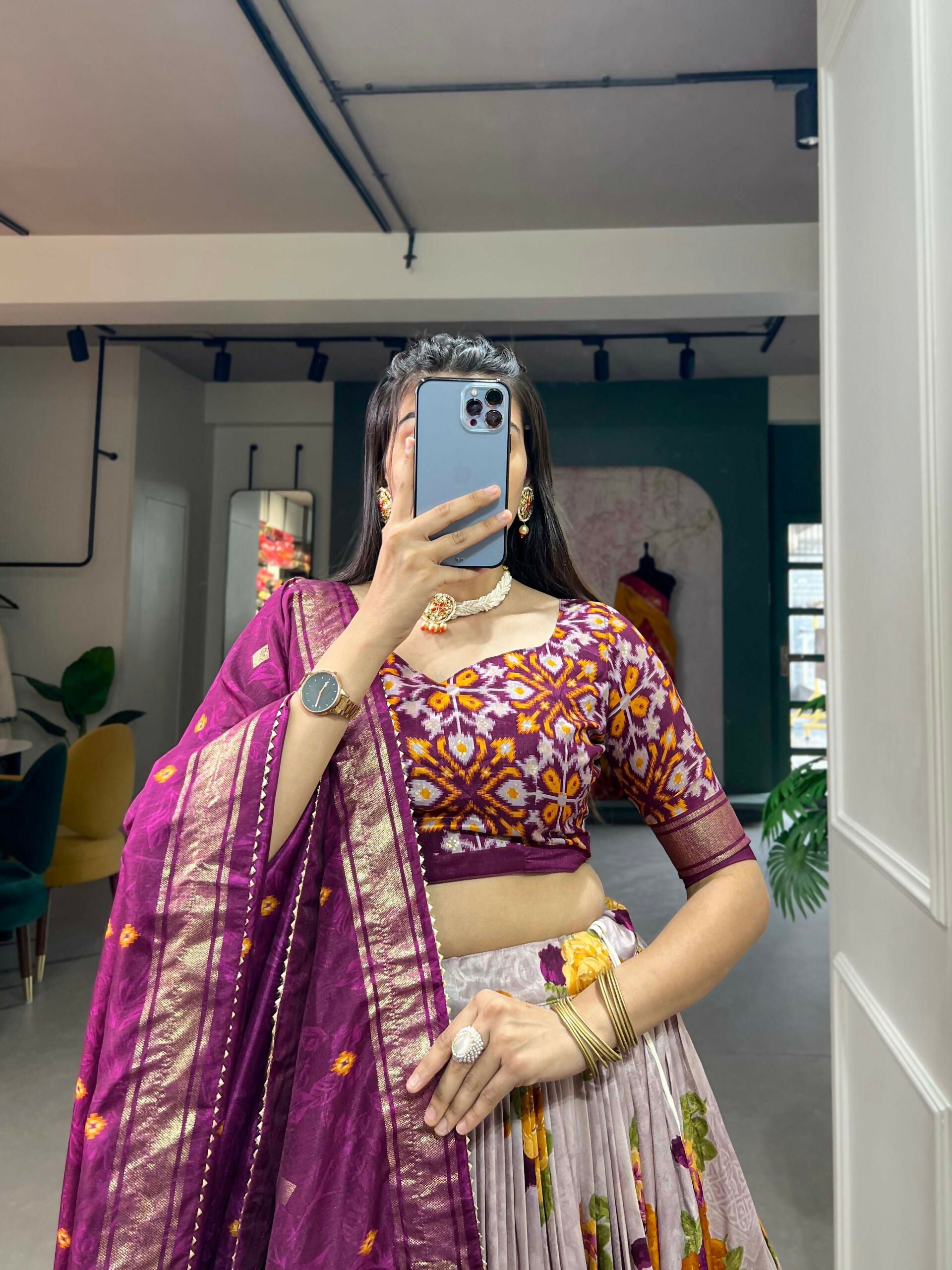 Vastranavya Floral And Patola Print With Foil Work Lehenga with Unstitched Blouse - Wine