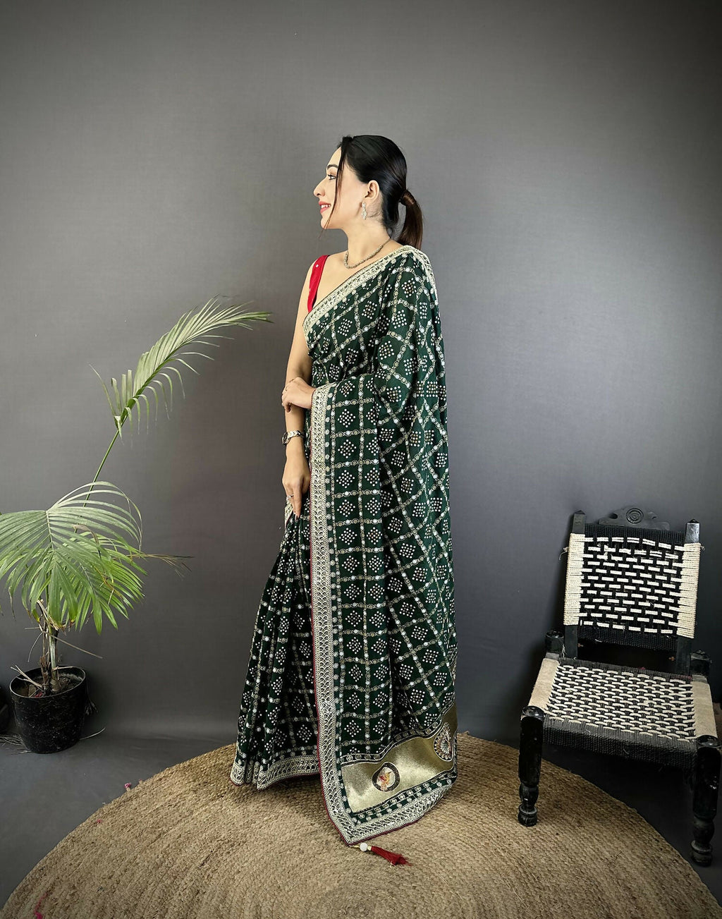 Joban Fashion Dark Green Bandhej Bandhani Vichitra Silk Bandhani Prints Saree - Distacart