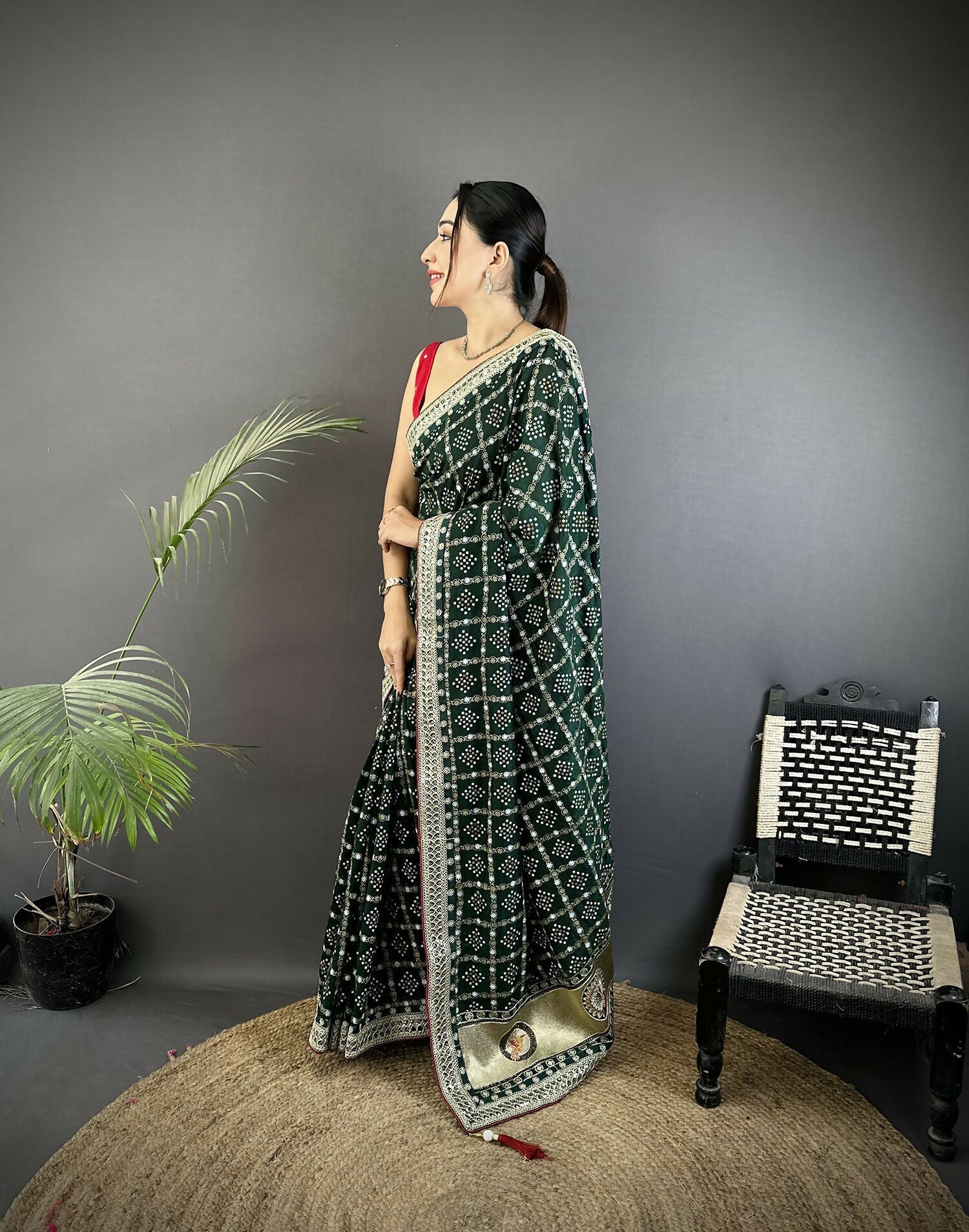Joban Fashion Dark Green Bandhej Bandhani Vichitra Silk Bandhani Prints Saree - Distacart