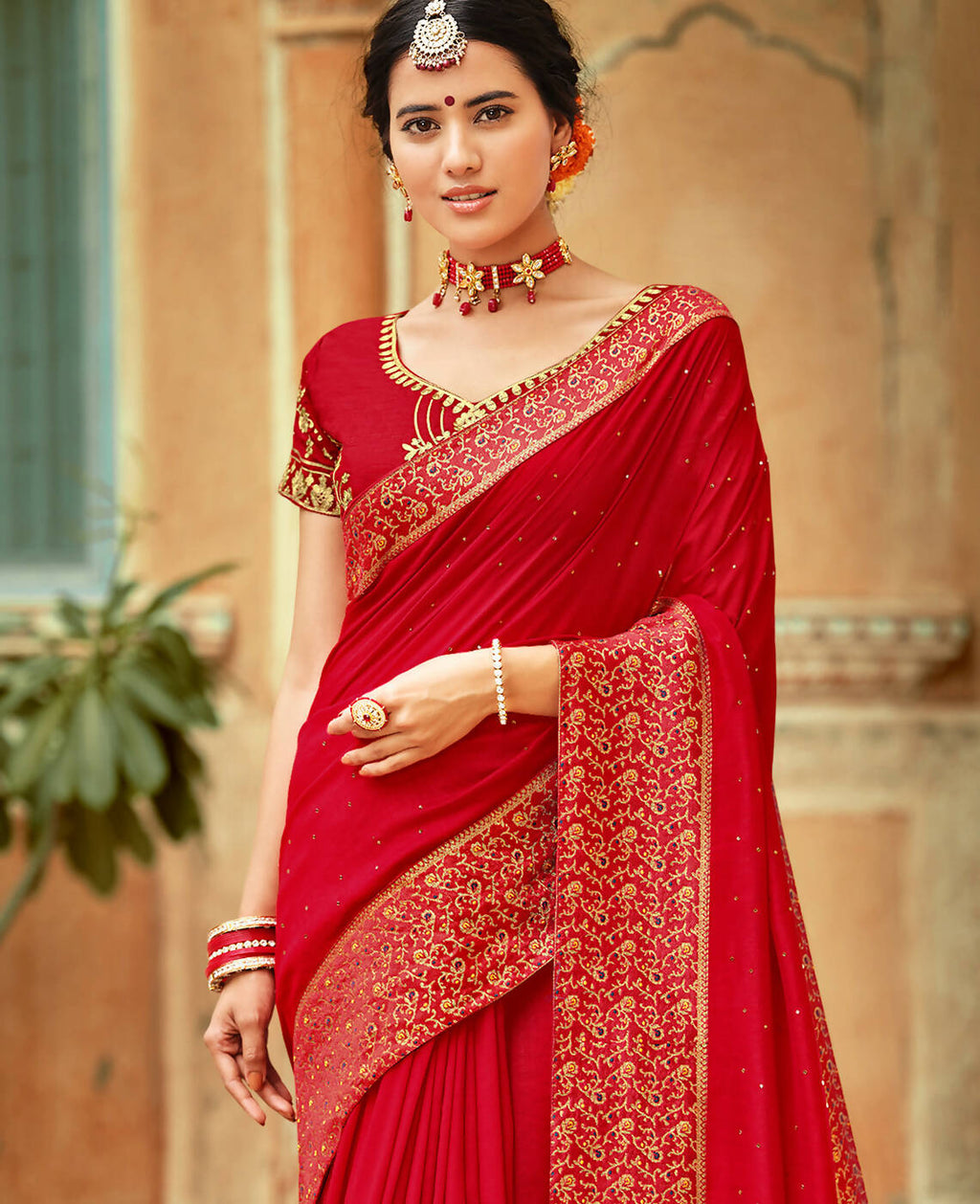 Red Vichitra Stone Work Saree With Unstitched Blouse Piece - Rosy