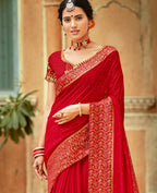 Red Vichitra Stone Work Saree With Unstitched Blouse Piece - Rosy