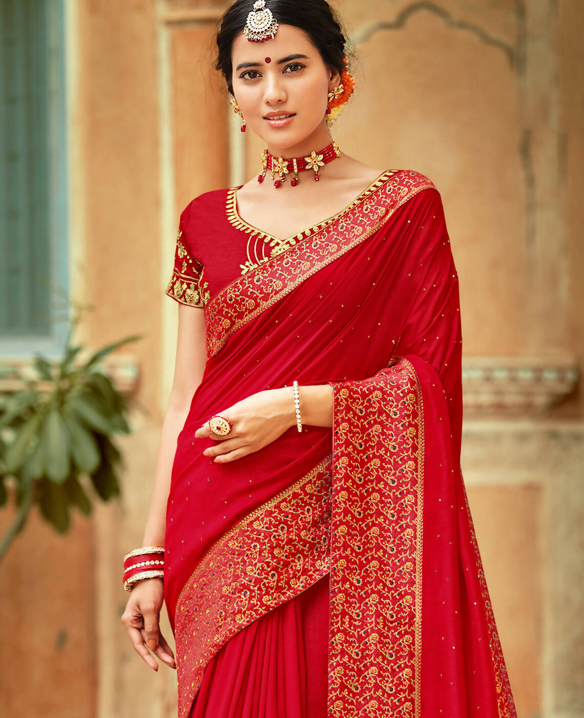 Red Vichitra Stone Work Saree With Unstitched Blouse Piece - Rosy