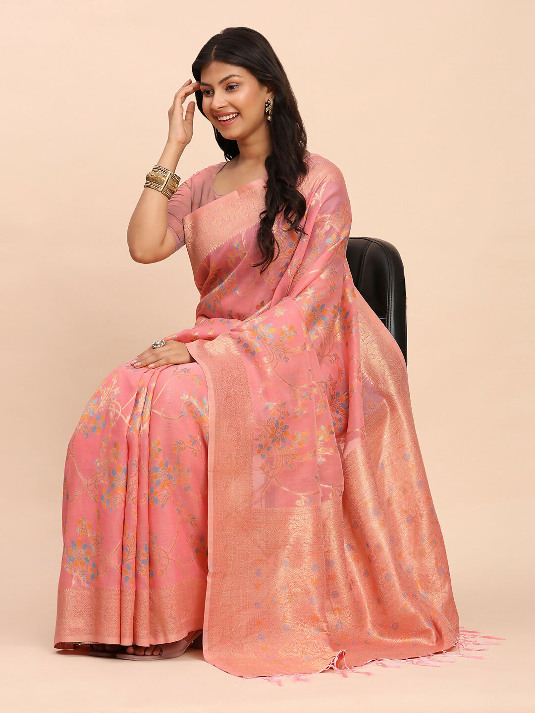 Shree Shyam Fashion Linen Cotton Peach Saree - Distacart