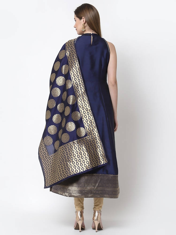 Myshka Blue Color Silk blend Solid Sleeveless Anarkali Gown With Dupatta