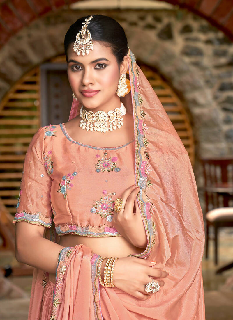 Peach Chinon Crushed Sequence and Thread Embroidery Work Lehenga Choli with Dupatta - Viharini