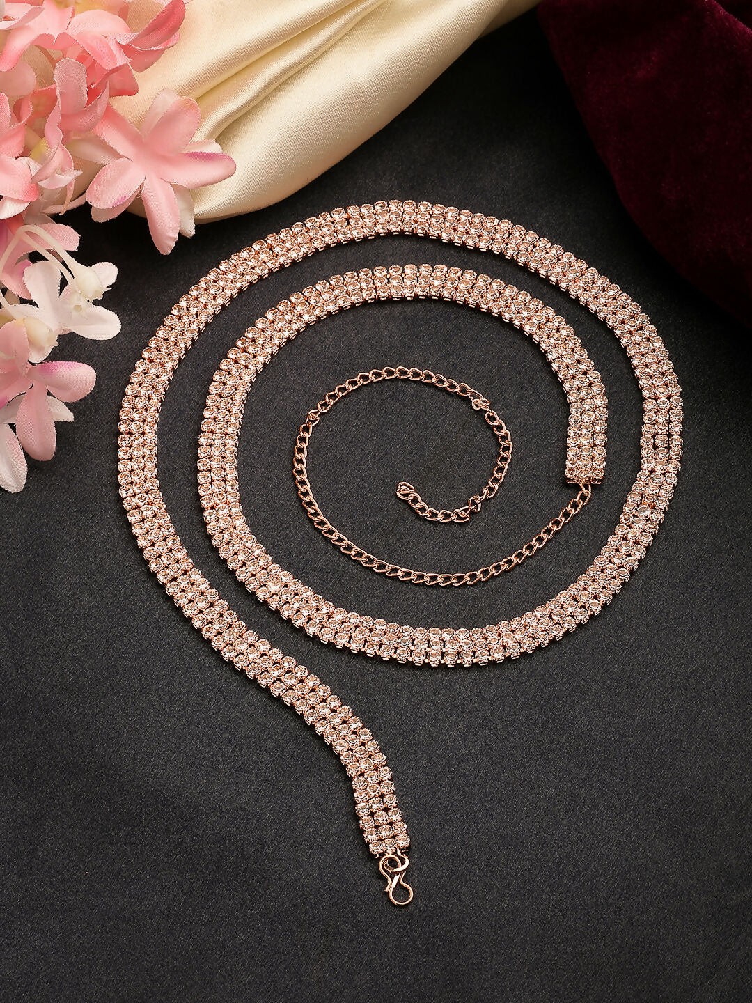 NVR Women's Rose Gold-Polished AD-Studded 3 Layered Kamarbandh Waist Chain