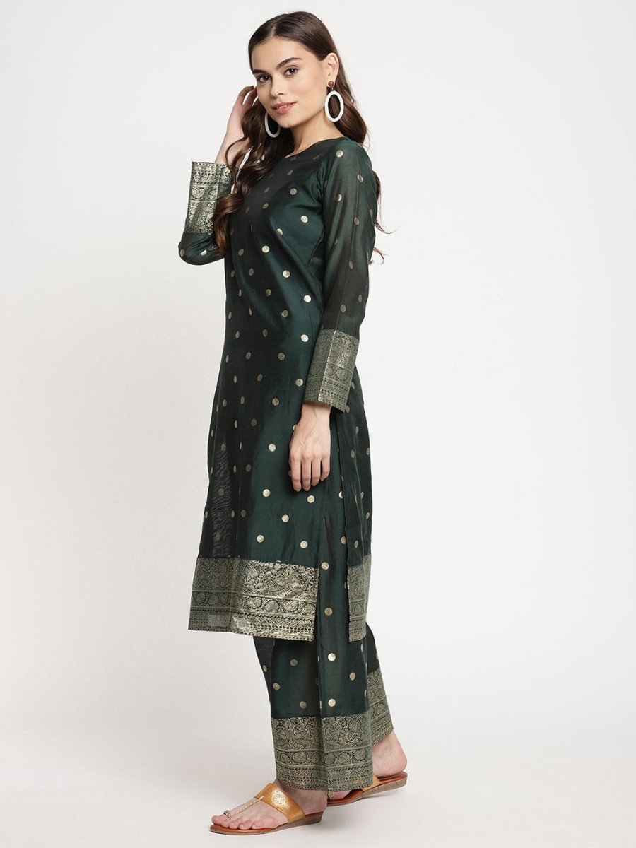 Ahalyaa Dark Green Gold Print Kurta Palazzo Set With Dupatta